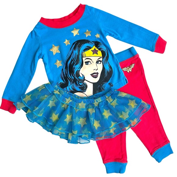 DC COMICS Wonder Woman Girls 3Pc Set 12M Blue Red Ruffle Mesh Star Tutu Costume - Picture 1 of 13